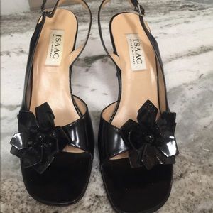 Isaac Mizrahi black patent strap heel with flower